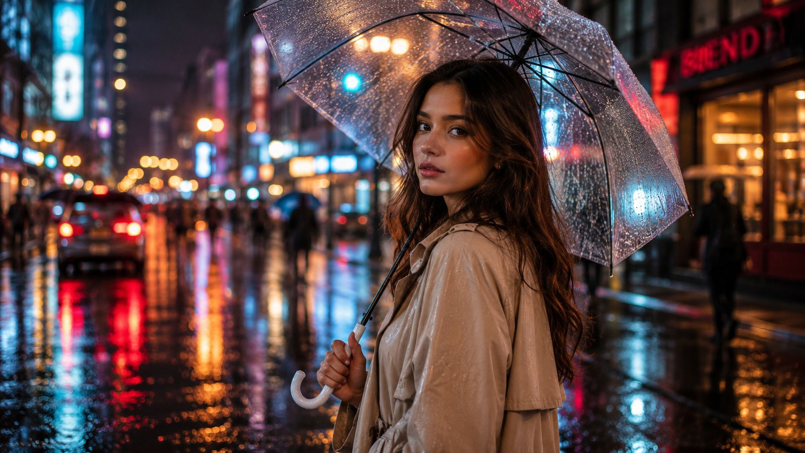 Fashionable girl walking on a rainy city street with colorful reflections, 4K wallpaper.