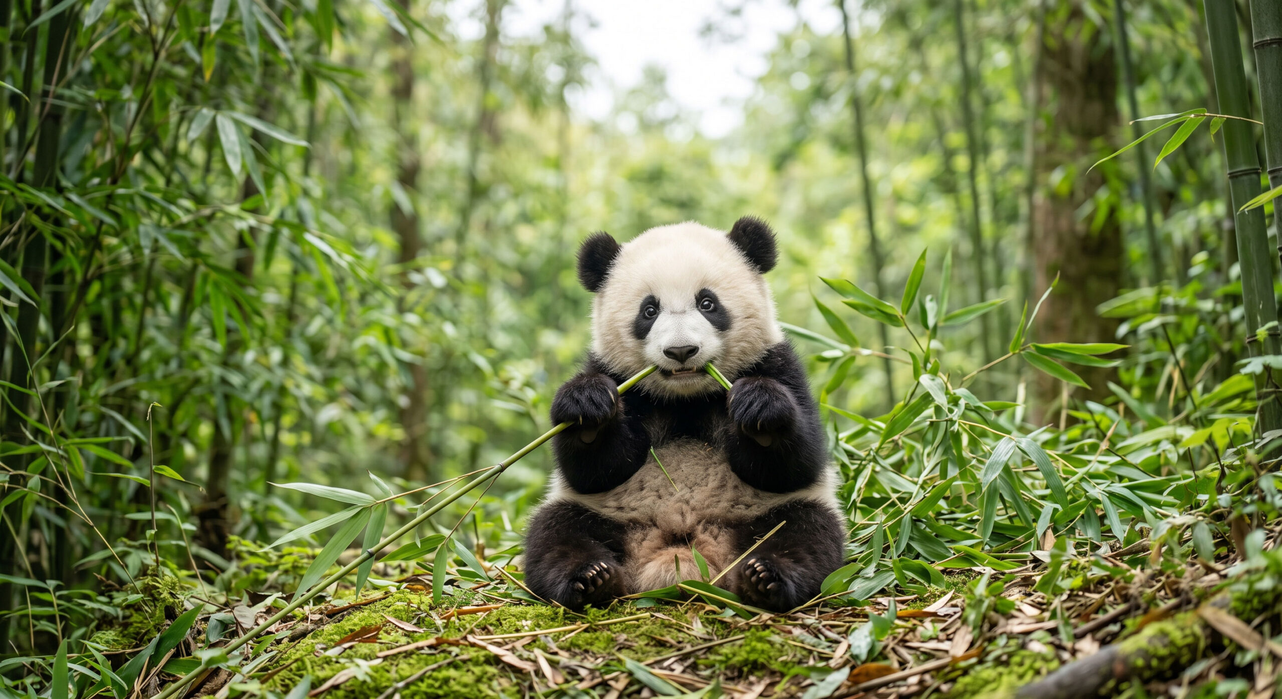 Adorable baby panda holding bamboo in a peaceful natural setting.