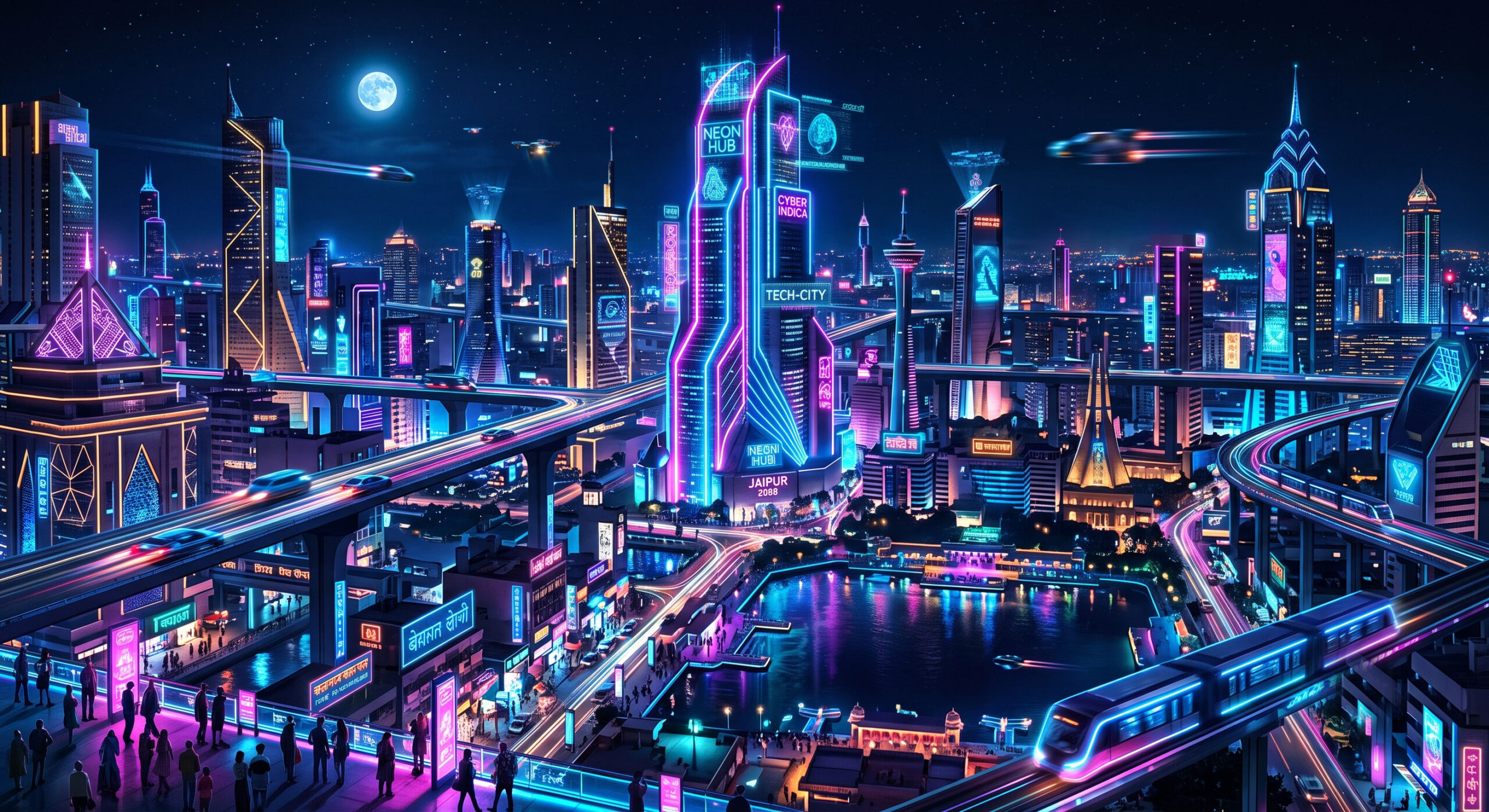 Futuristic neon city skyline with glowing lights at night.