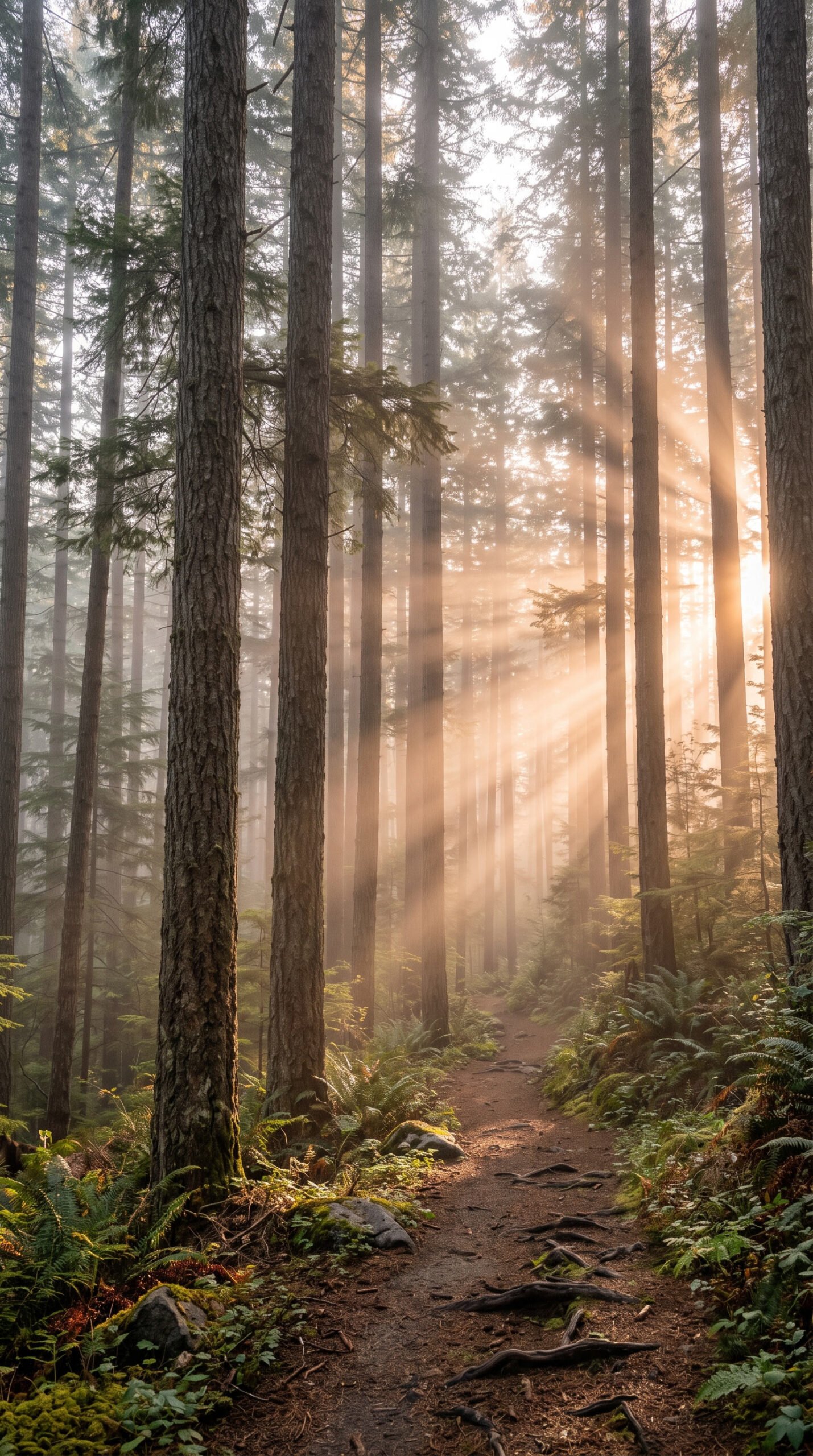 Peaceful forest with golden sun rays and morning mist creating a refreshing Good Morning scene.