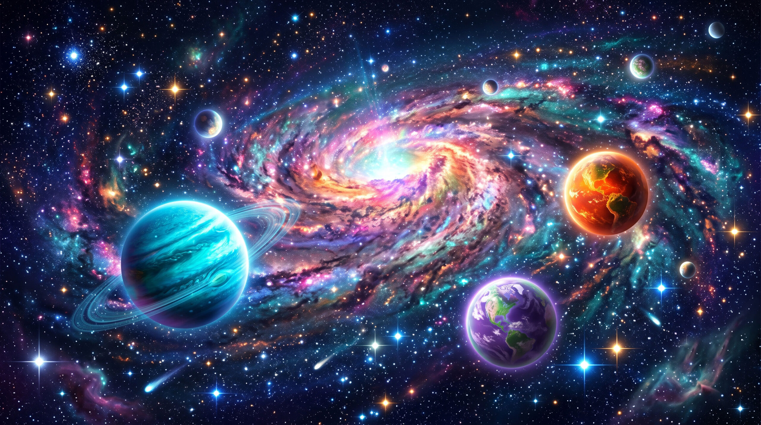 Colorful galaxy with glowing planets and stars creating an amazing space wallpaper.