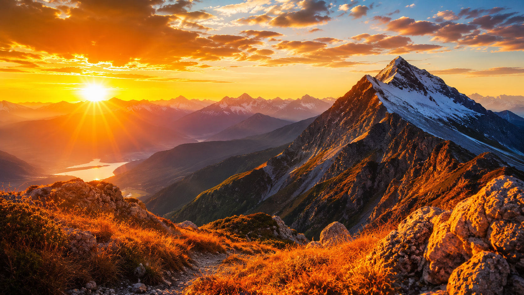 Golden sunrise over snow-covered mountains with a crystal-clear lake in stunning 4K quality.