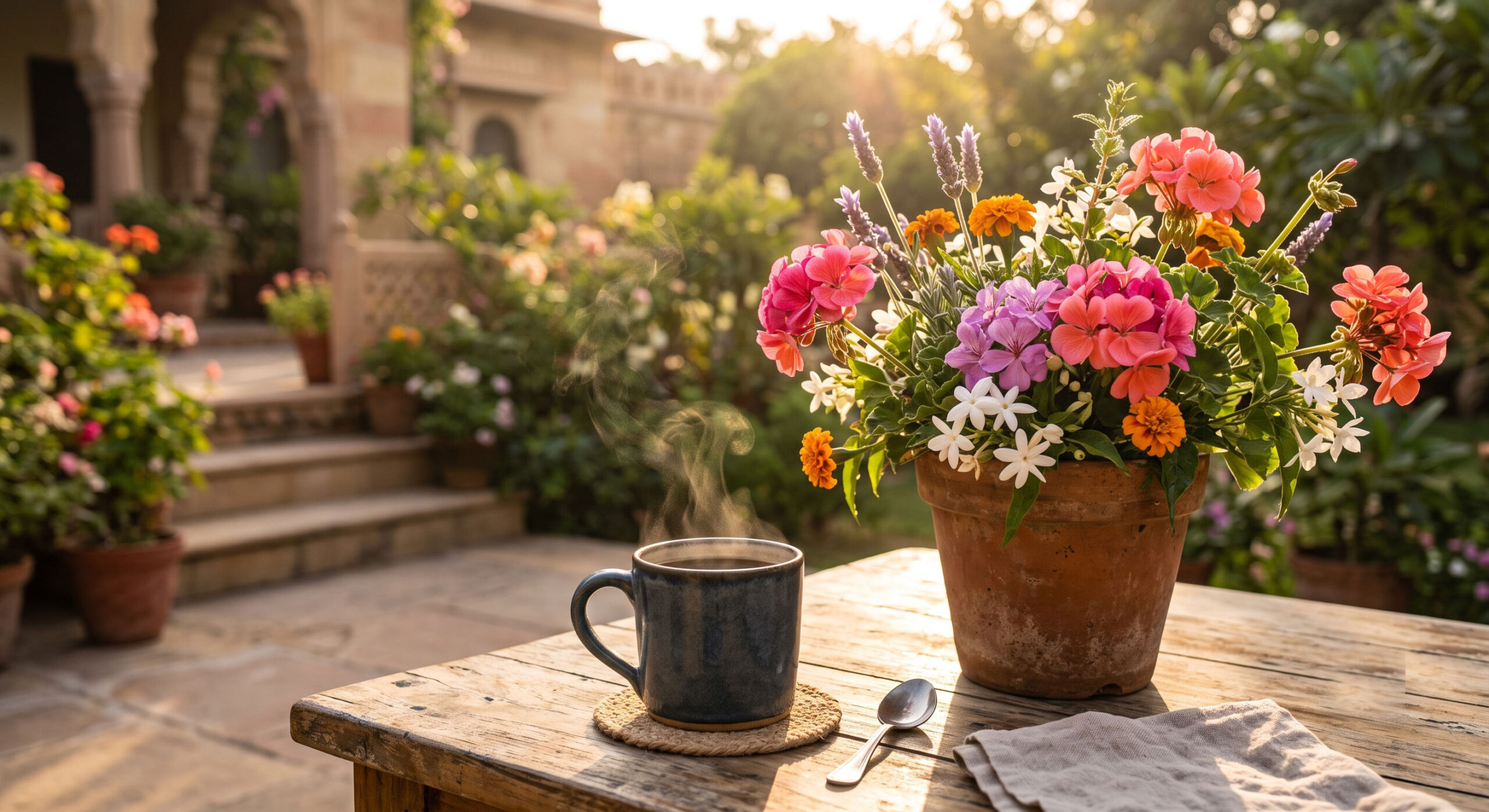 Fresh morning coffee beside blooming flowers in warm sunlight.