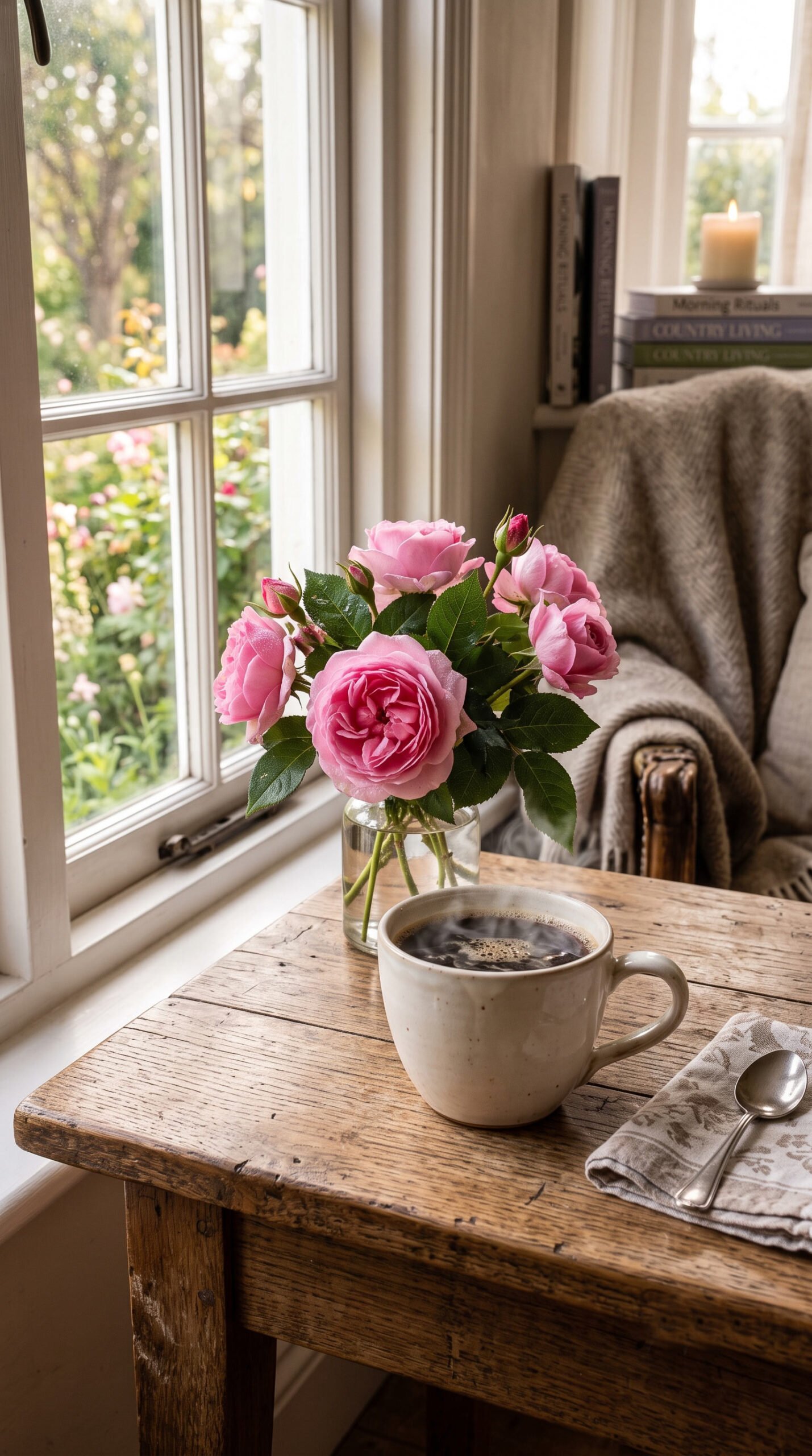 Fresh morning coffee with blooming pink roses in warm sunlight, perfect for a Good Morning greeting.