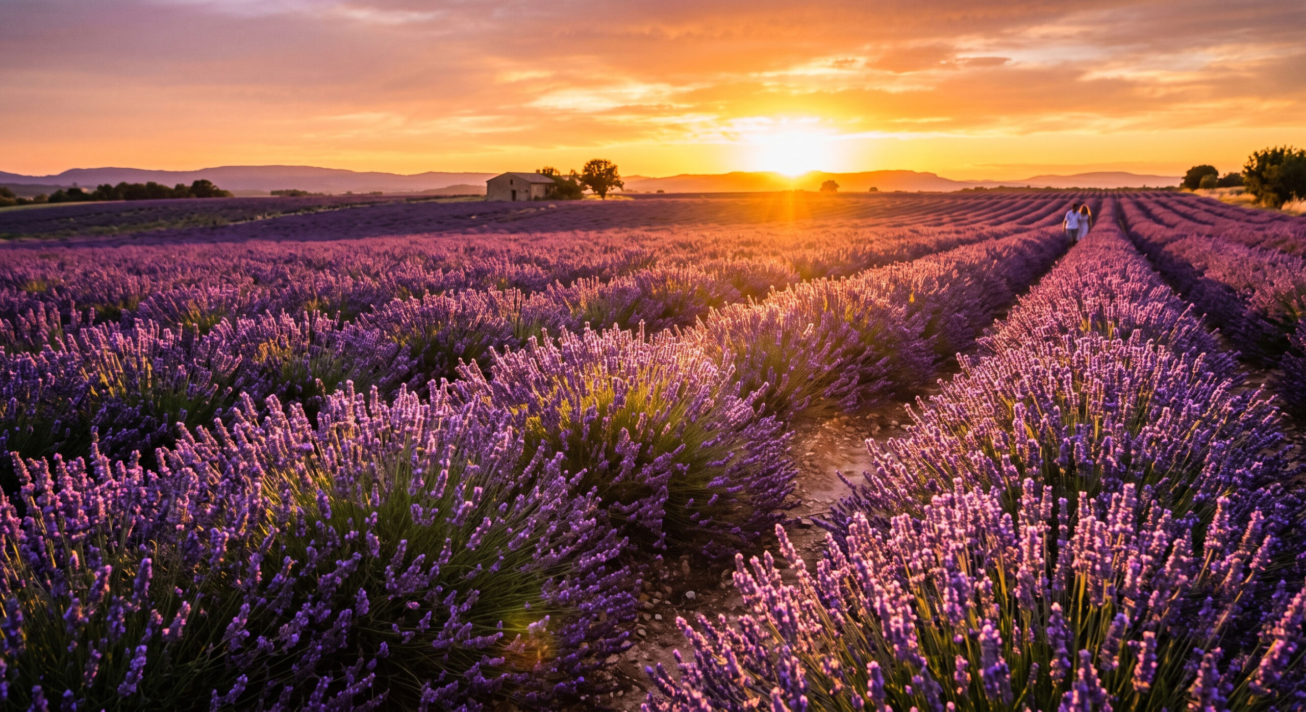 Purple lavender flowers glowing beautifully during a golden sunset.