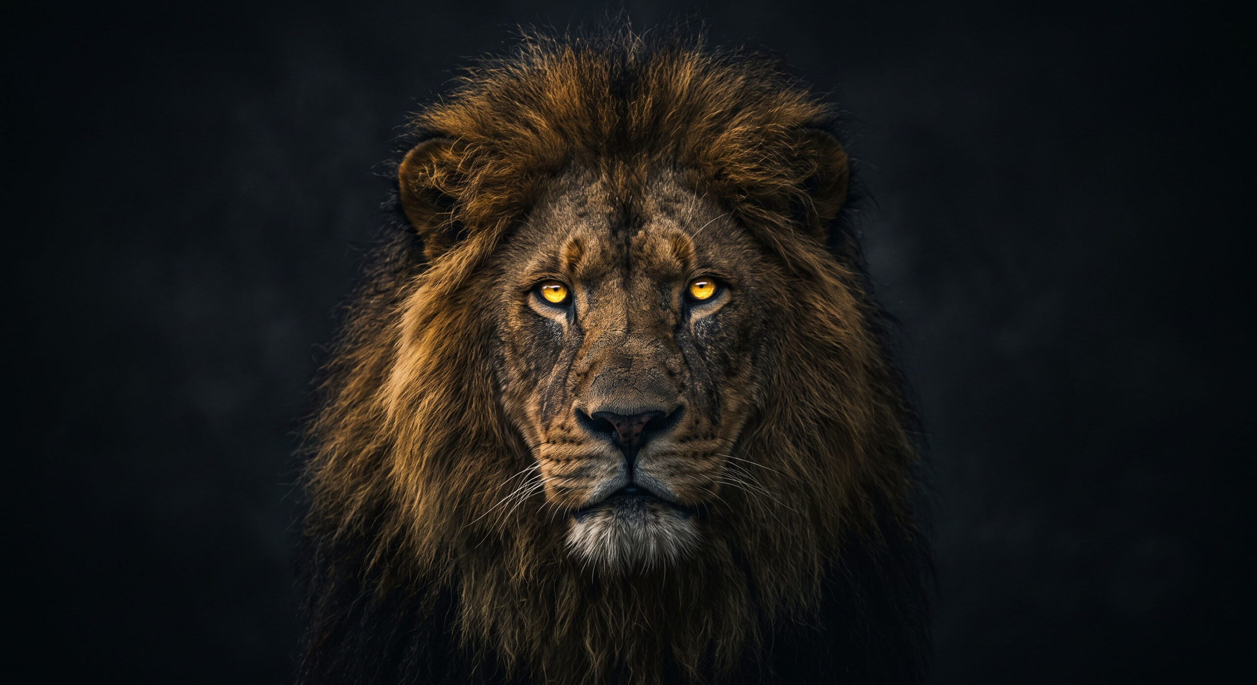 Powerful lion portrait with golden eyes against a dark background.