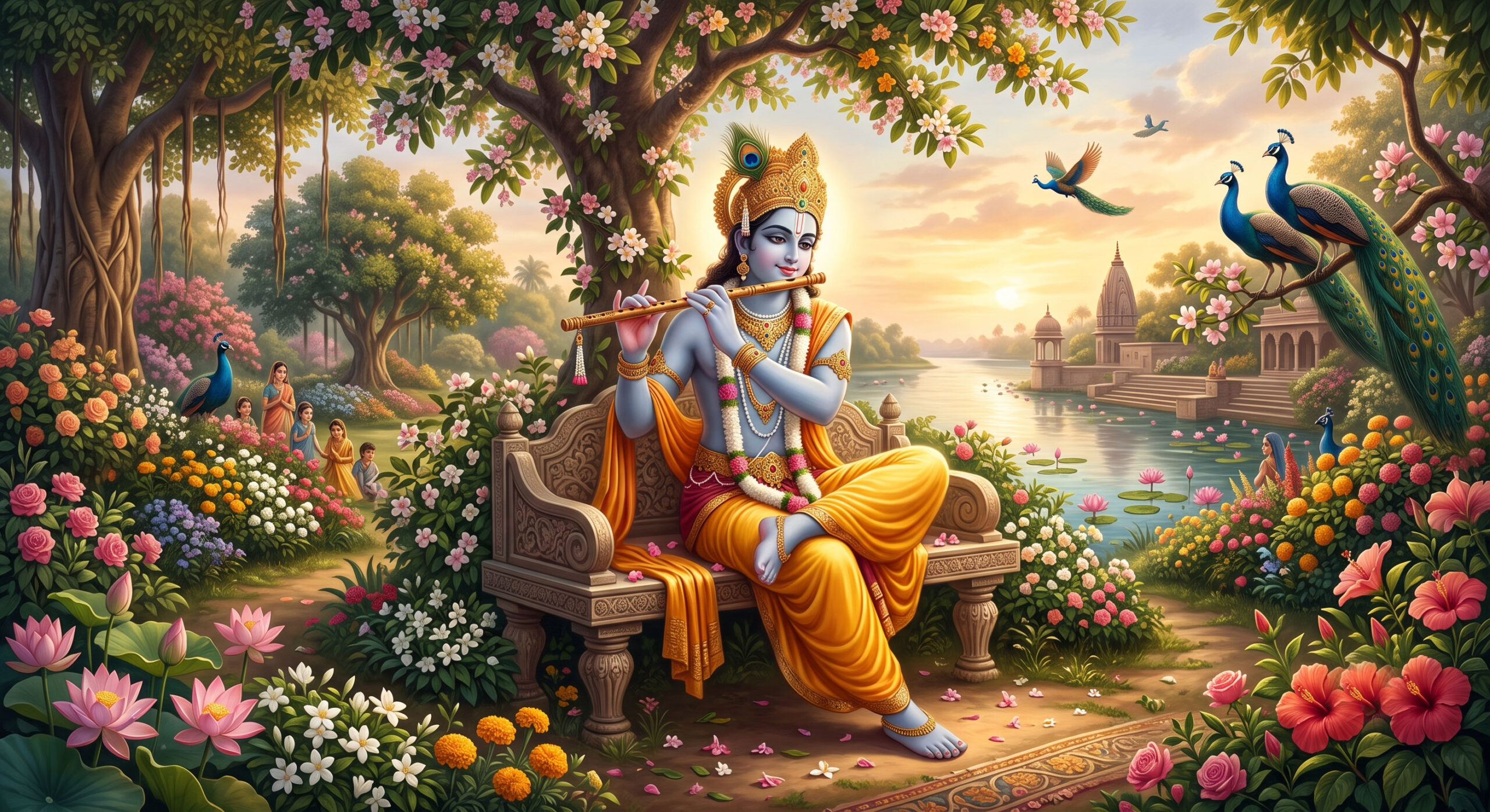Lord Krishna playing the flute in a peaceful Vrindavan garden.