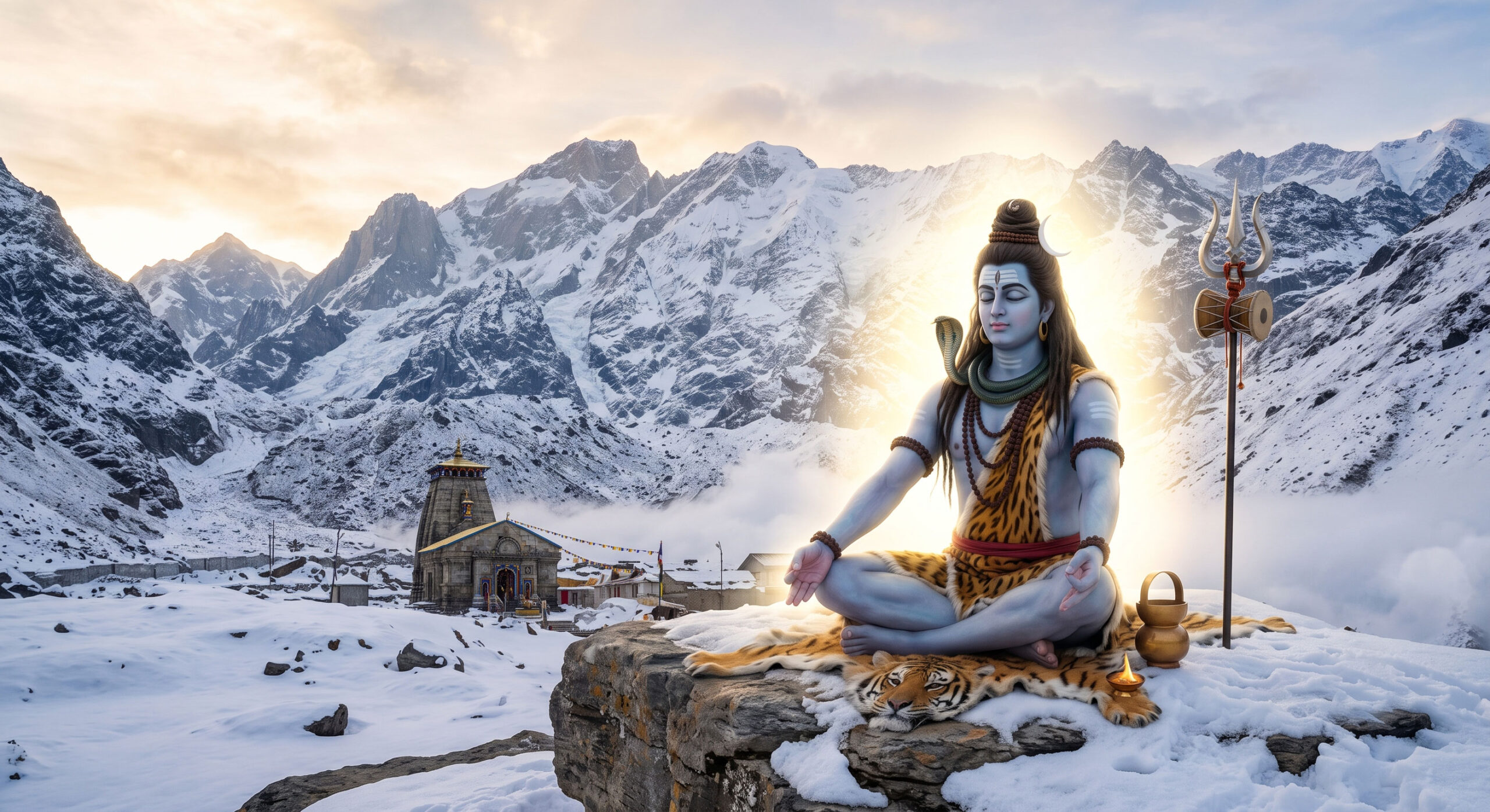 Lord Shiva meditating peacefully in the Himalayas with a glowing aura.