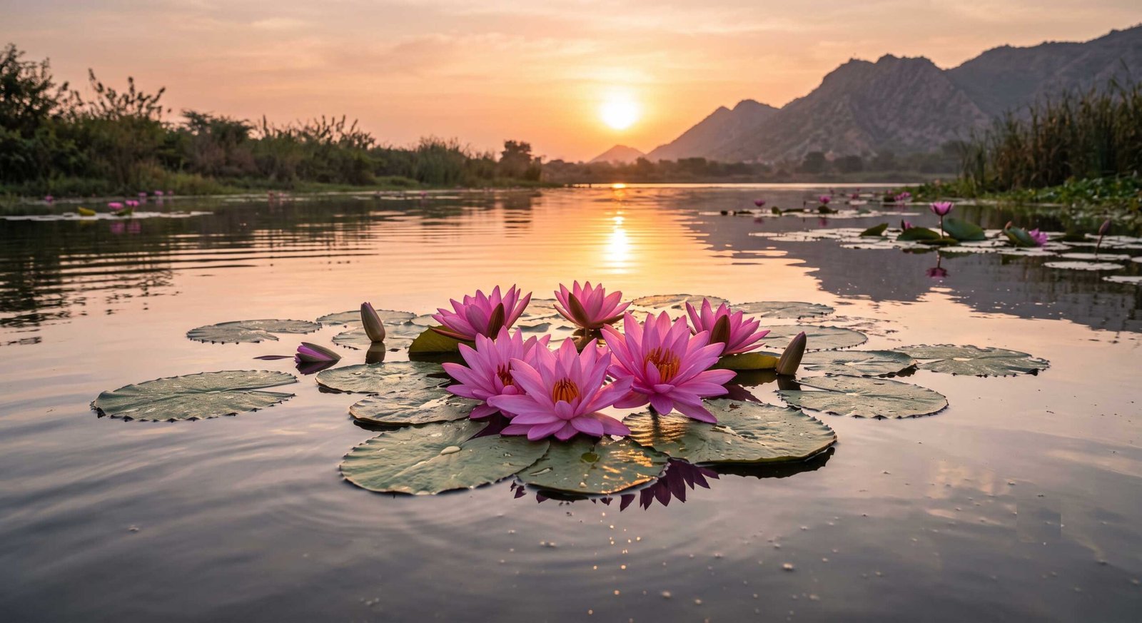 Beautiful lotus flowers blooming on a peaceful lake during a golden sunrise.