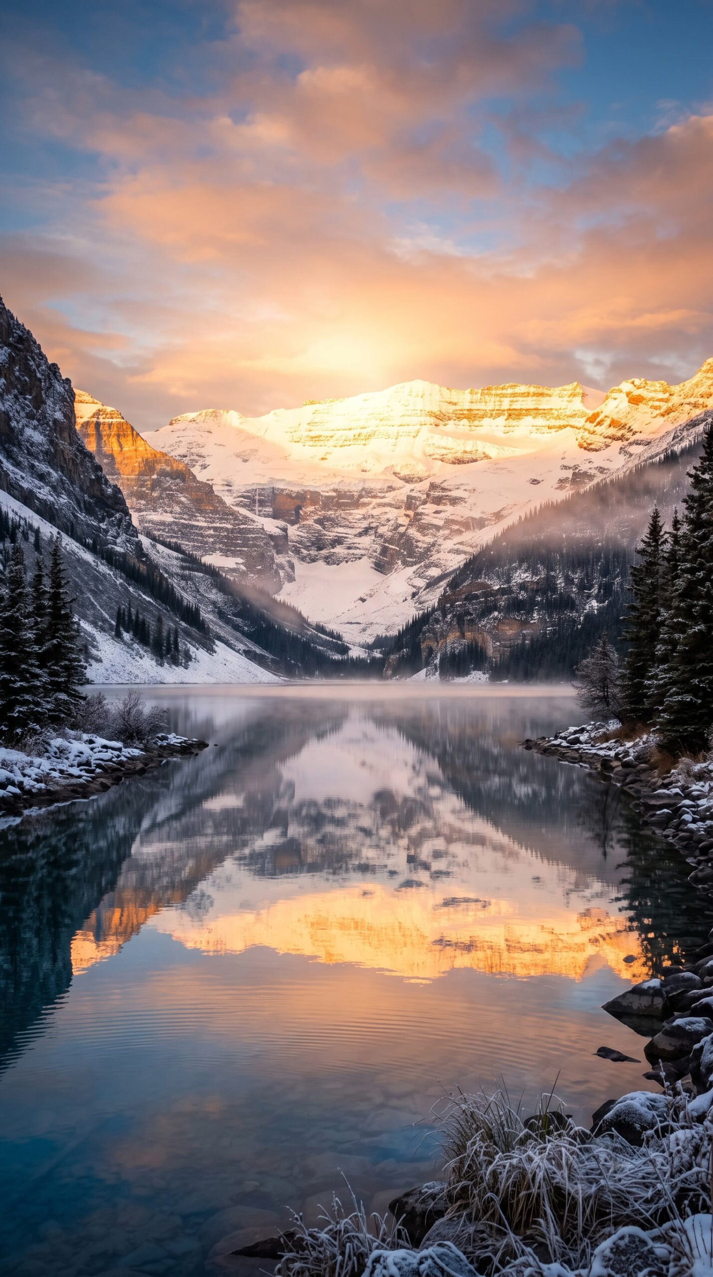 Beautiful golden sunrise over mountains and a calm lake creating a peaceful Good Morning wallpaper.