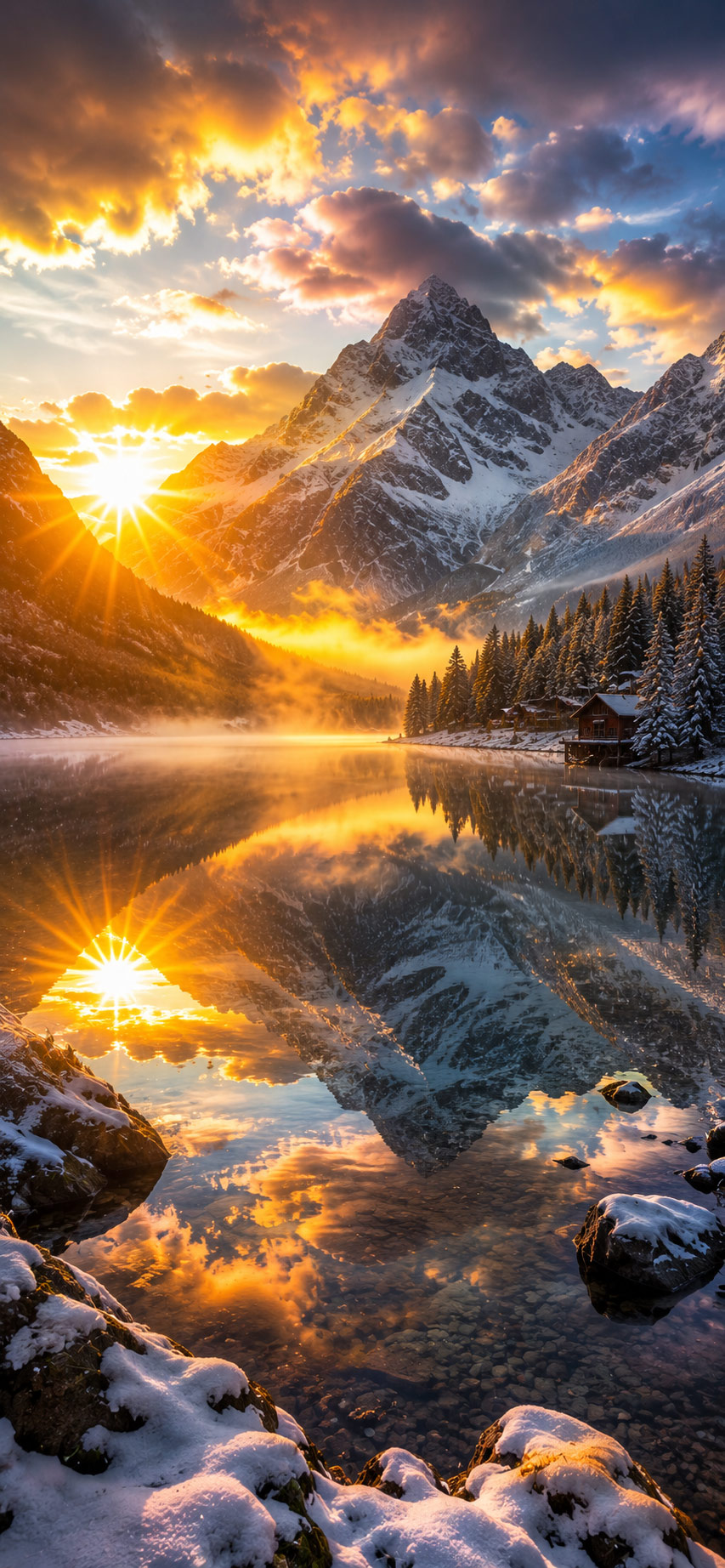 Best HD wallpapers And Pictures download for mobile 20 Golden sunrise over snowy mountains and lake, nature 4K wallpaper