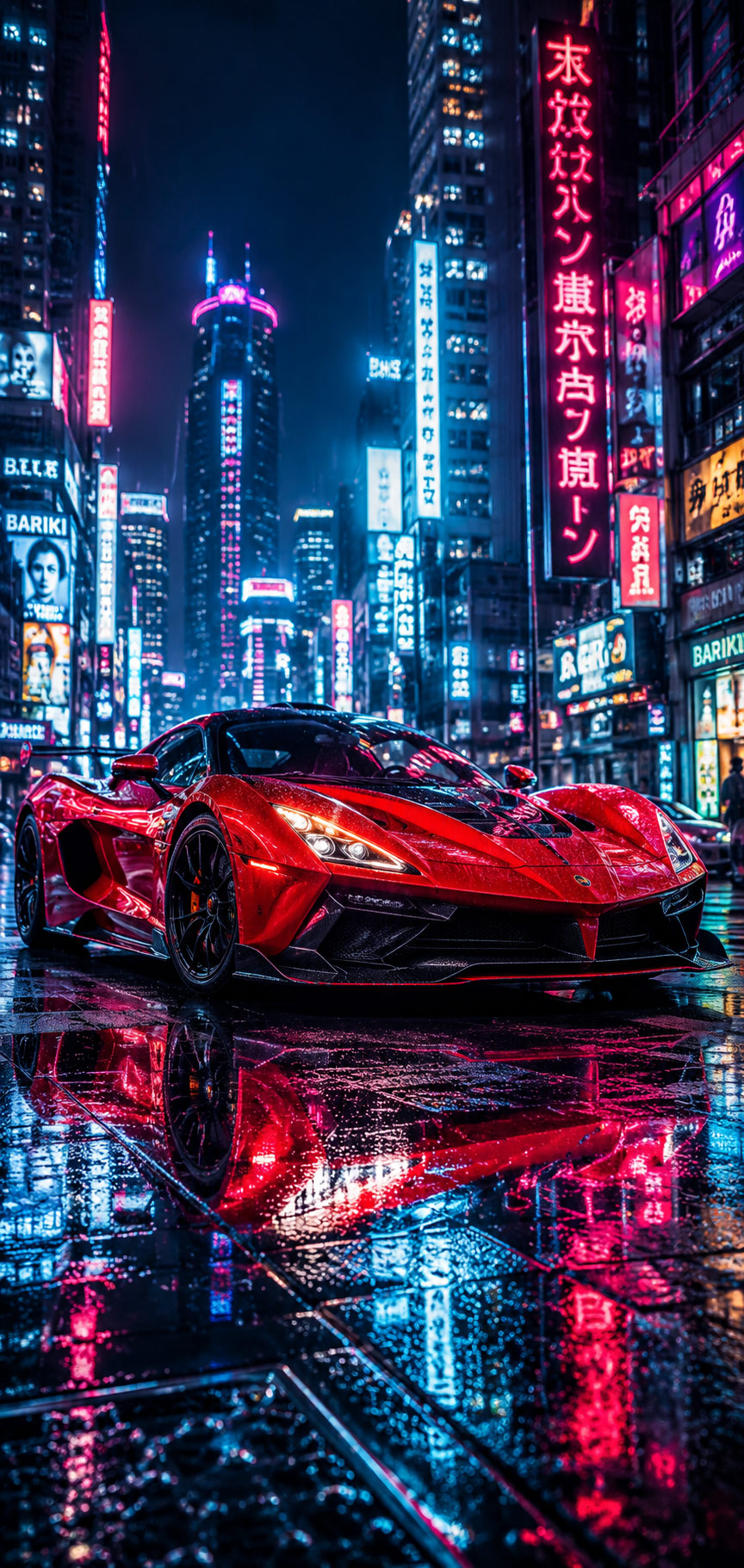 Best HD wallpapers And Pictures download for mobile 37 Red neon supercar on a cyberpunk street at night, ultra HD 4K mobile wallpaper