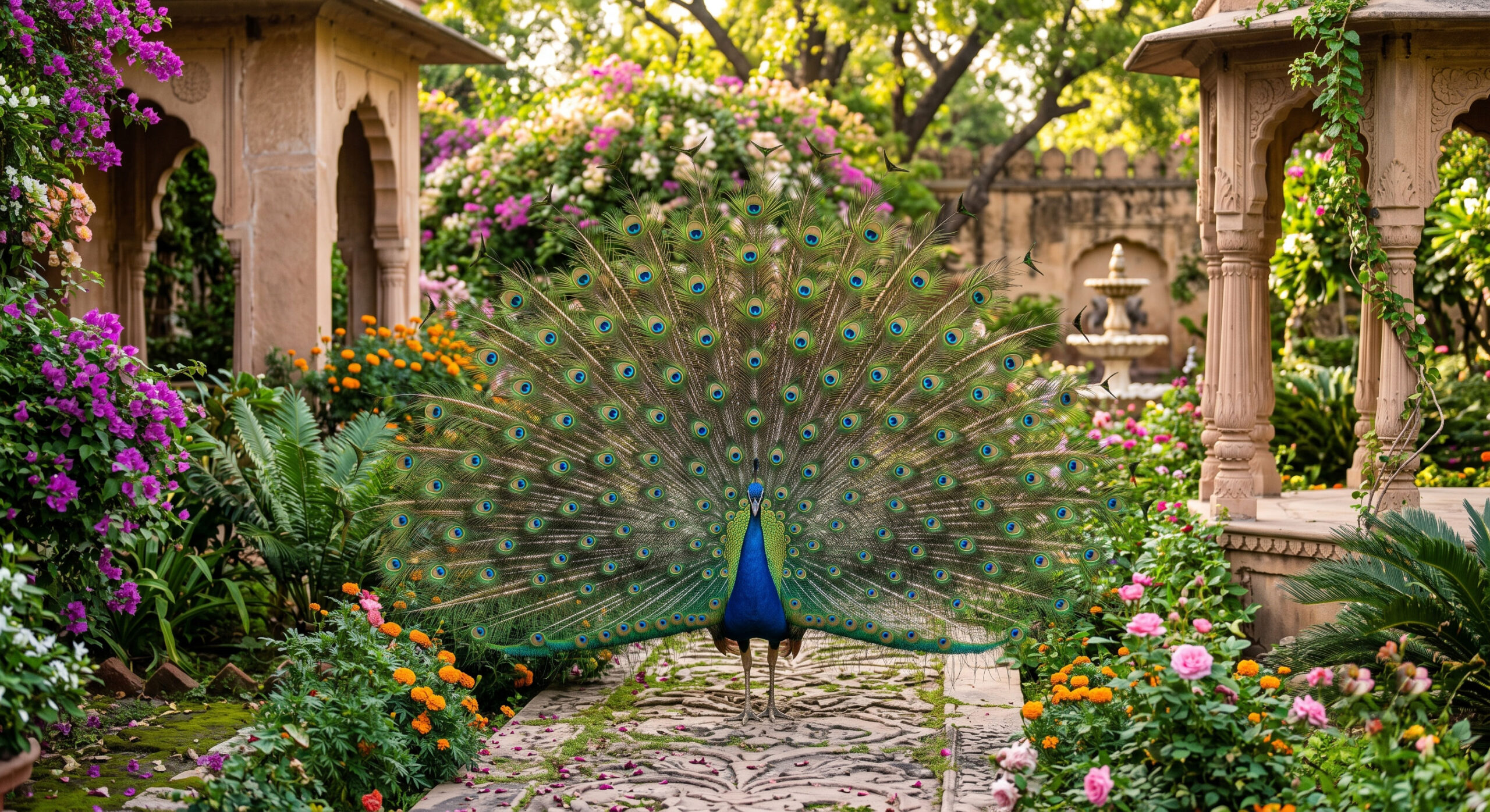 Colorful peacock displaying vibrant feathers in a beautiful garden.