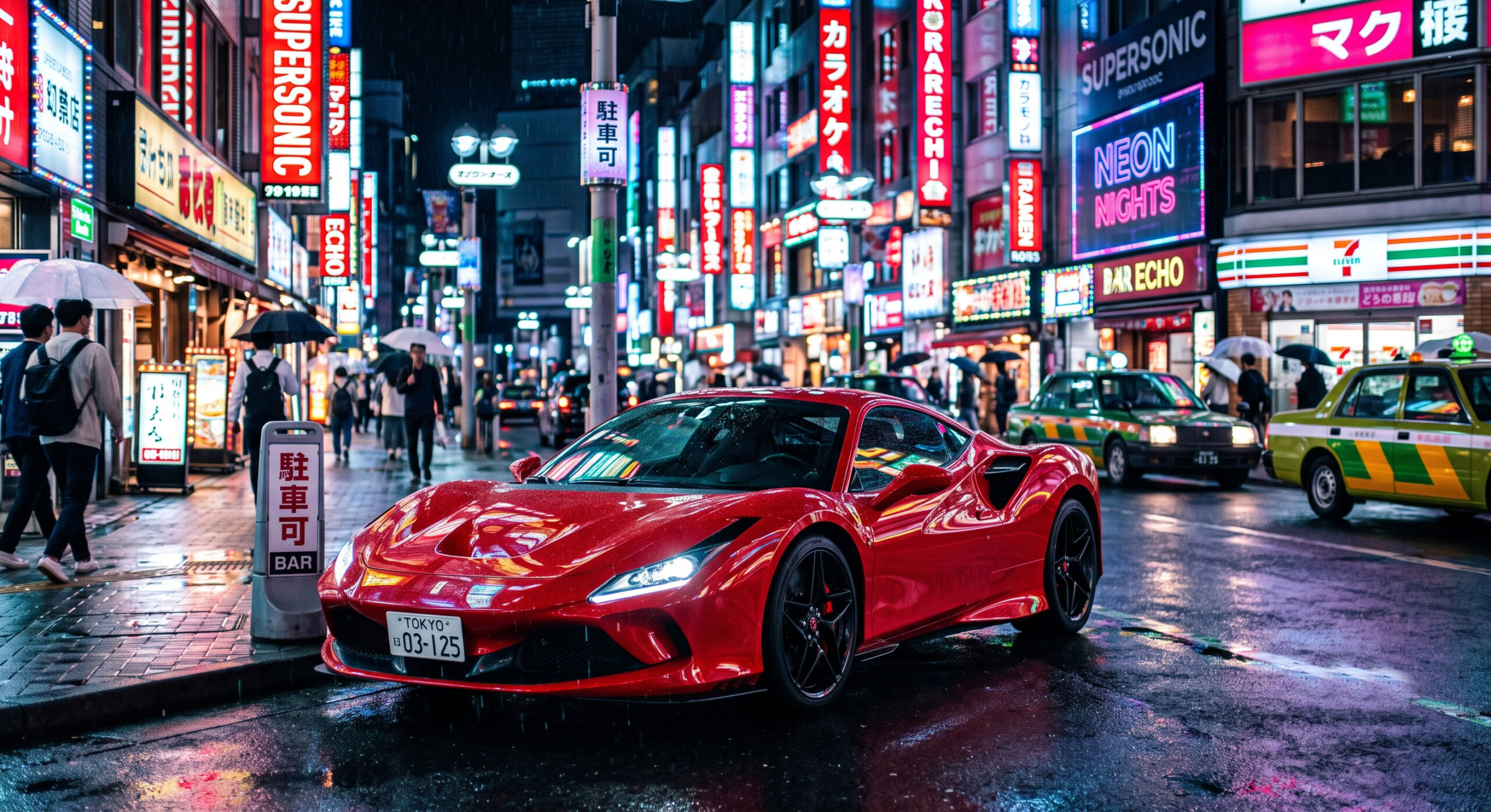 Luxury red sports car parked on a neon-lit city street at night.
