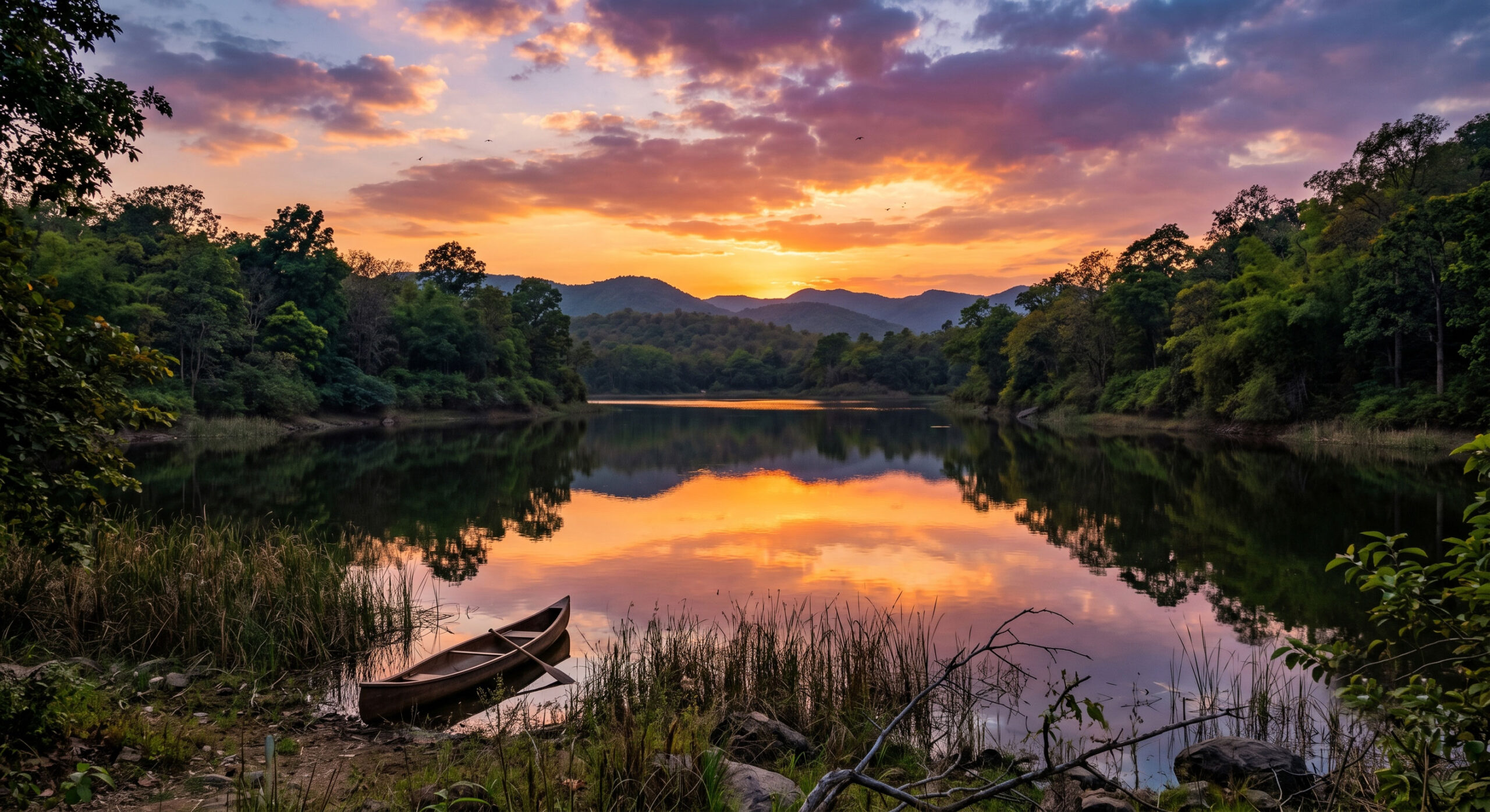 Peaceful lake reflecting a colorful sunset surrounded by nature.