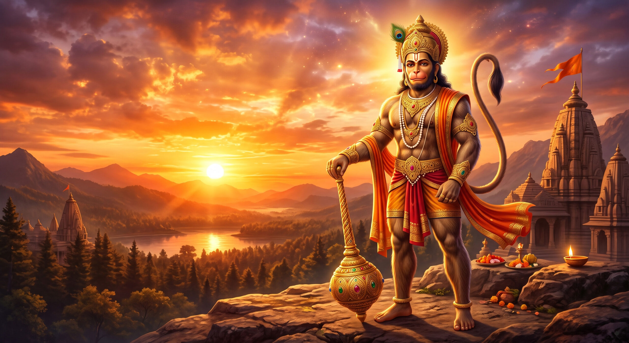 Divine Lord Hanuman standing with a golden gada during sunset.