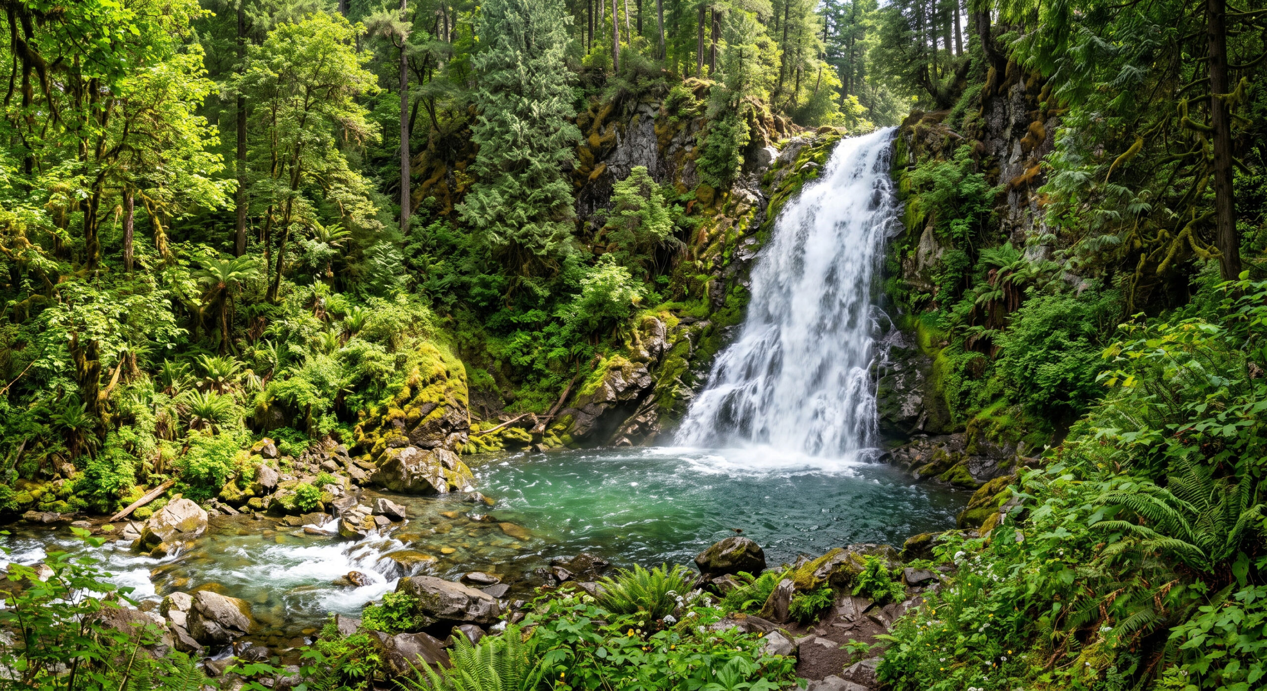 Majestic waterfall surrounded by lush green forest in Ultra HD resolution.