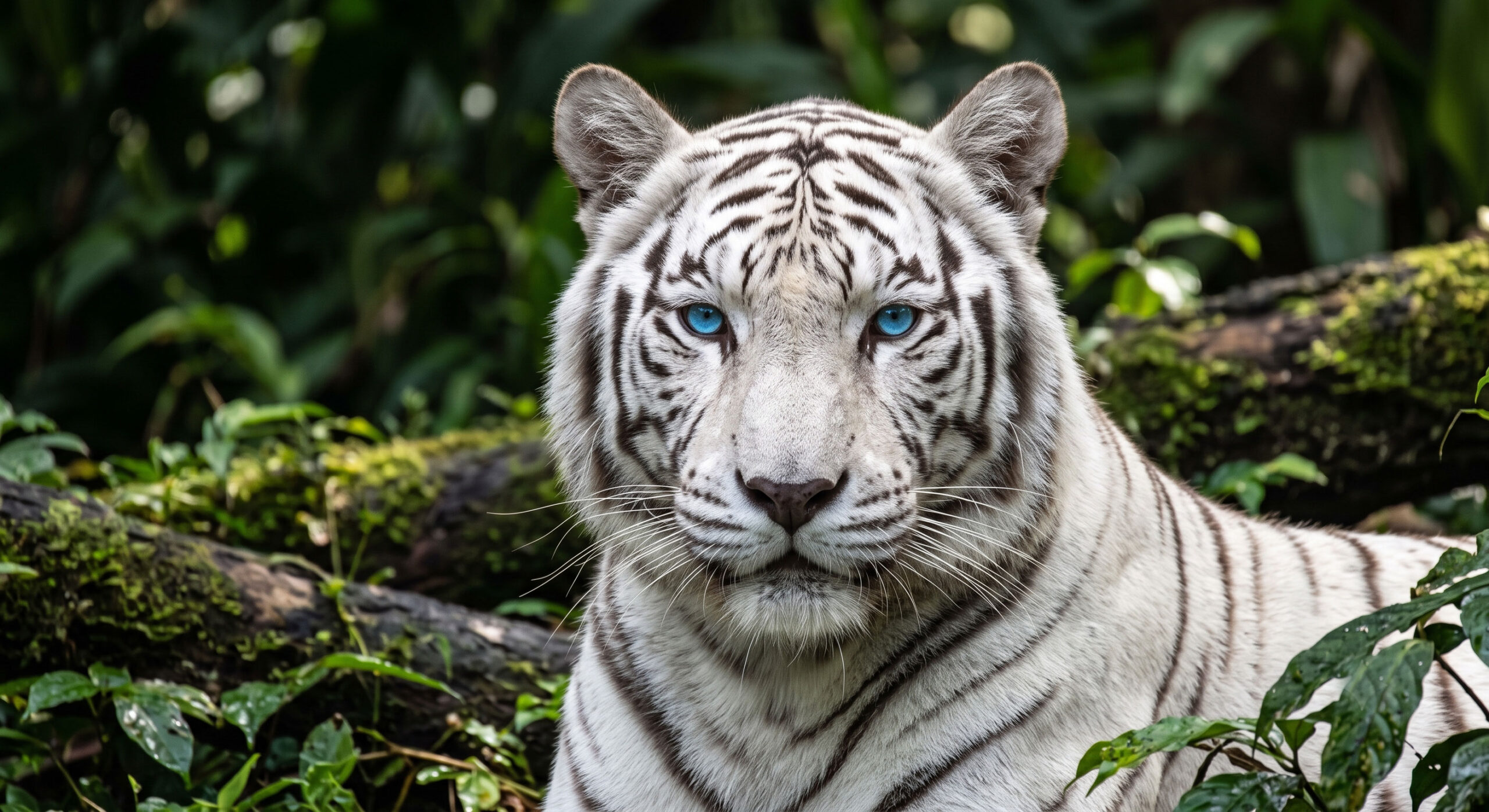 Majestic white tiger staring with striking blue eyes in HD quality.